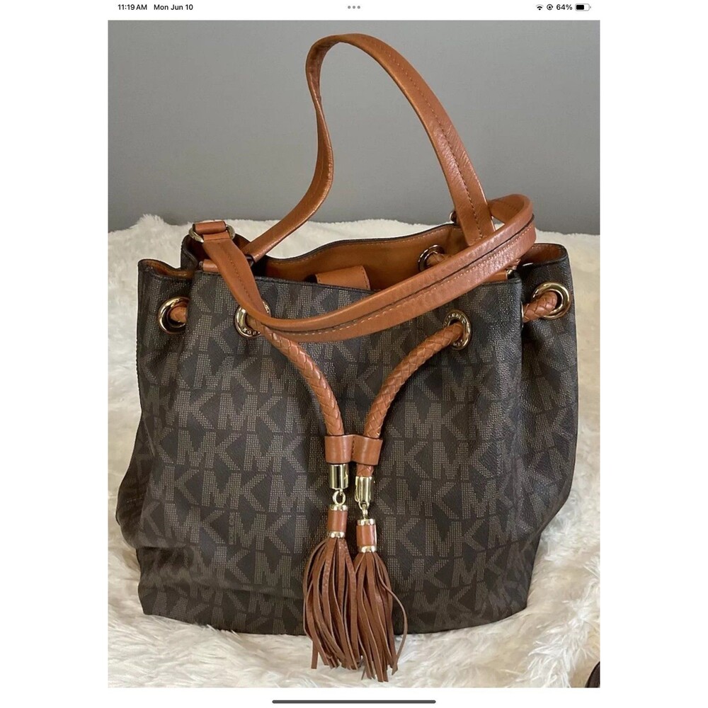 Michael Kors Brown/Tan Signature Logo Leather Jet Set Drawstring Bag Large MINT